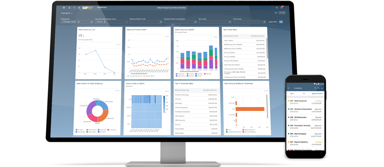 Dashboards SAP HANA em desktop e tablet